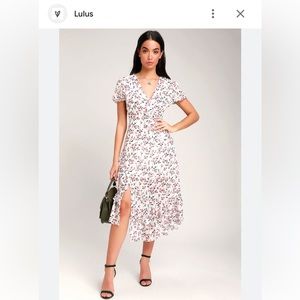 Lulus Petals and Poetry white and pink Floral Ruffled Midi Dress